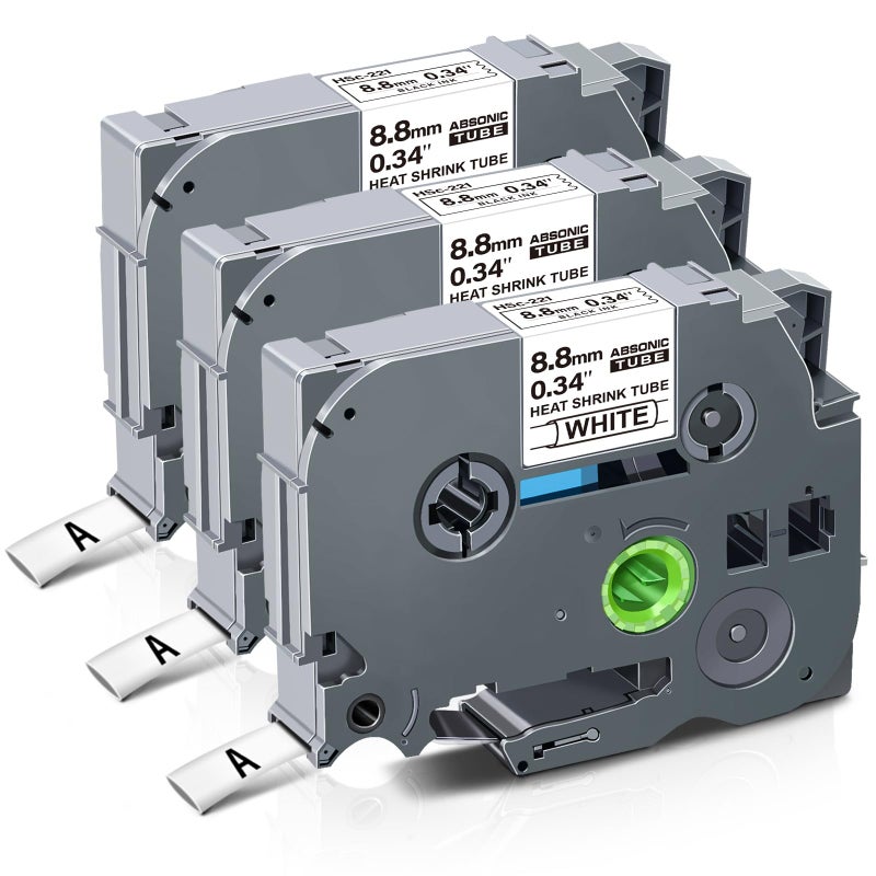 Absonic 3-Pack HSE Heat Shrink Label Tape Compatible for Brother Hse221 Hse-221 P Touch Heat Shrink Tube 8.8mm Black on White Label Maker Tape for PT-E300 PT-E500 PT-E550W P750WVP PT-E800W PT-D220 - Image 1